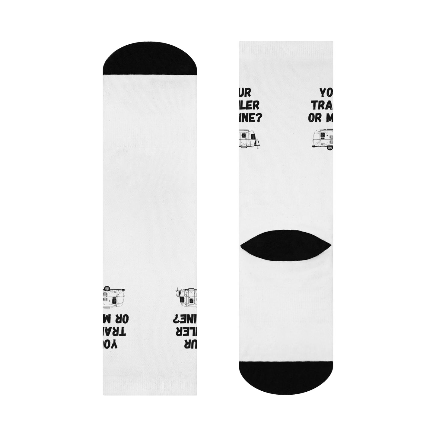 Funny Camping Crew Socks - "Your Trailer or Mine?" - Gift for Outdoor Enthusiasts