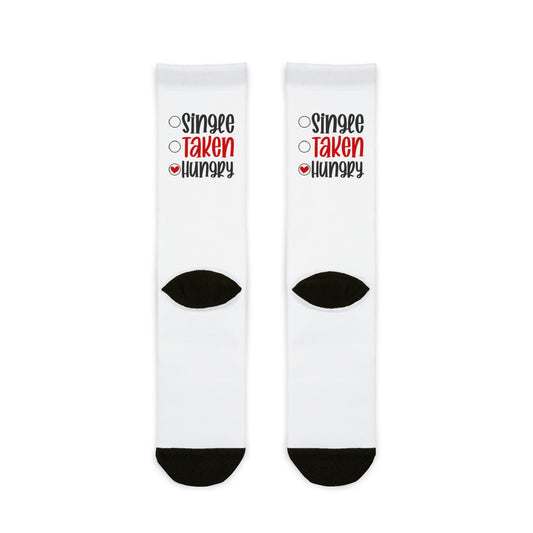 Playful Sublimation Crew Socks - 'Single, Taken, Hungry' - Fun Gift for Food Lovers