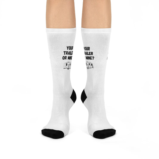 Funny Camping Crew Socks - "Your Trailer or Mine?" - Gift for Outdoor Enthusiasts