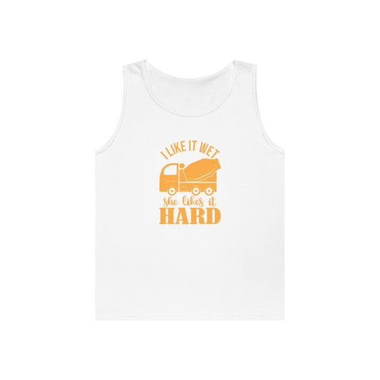 Funny Unisex Heavy Cotton Tank Top - 'I Like It Wet, She Likes It Hard'