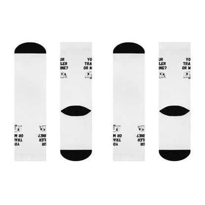Funny Camping Crew Socks - "Your Trailer or Mine?" - Gift for Outdoor Enthusiasts